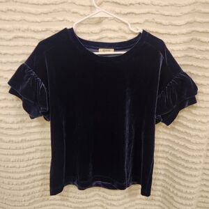Madewell Women Sz Medium Blue Velvet Ruffle Sleeve Tee Casual Fall Top